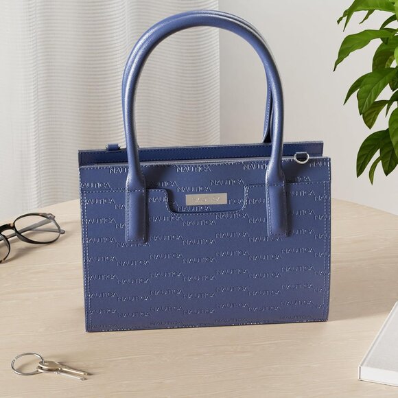 Nautica Women Sandy Jr Satchel Navy Embossed Logo Top Handle Removable Crossbody - Picture 2 of 7